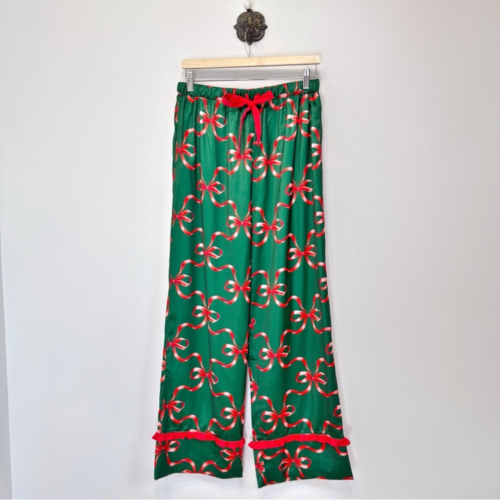 Goldie Lew Green Red Bow Ruffle Christmas Holiday Pajama Pant Women’s Size L NWT